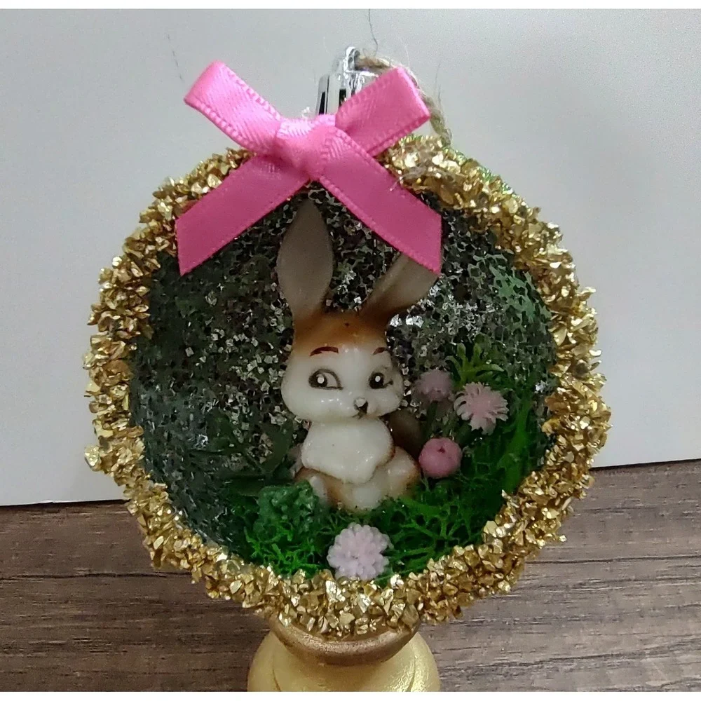 Bunny Rabbit Christmas Ornament Handmade Vtg Style OOAK Shatterproof Diorama